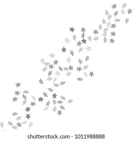 Silver volumetric star-confetti fall on a white background. Falling stars on a white background. Bright design pattern. Suitable for your design, cards, invitations, gift, vip.