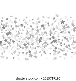 Silver volumetric star-confetti fall on a white background. Falling stars on a white background. Bright design pattern. Suitable for your design, cards, invitations, gift, vip.