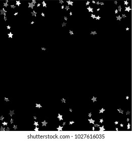 Silver volumetric star-confetti fall on a black background.  Illustration of flying shiny stars. Decorative element. Bright design pattern. Suitable for your design, cards, invitations, gift, vip.