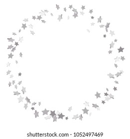 Silver volumetric star-confetti fall on a white background. Falling stars on a white background. Bright design pattern. Suitable for your design, cards, invitations, gift, vip.