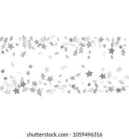 Silver volumetric star-confetti fall on a white background.  Falling starry background. Bright design pattern. Suitable for your design, cards, invitations, gift, vip.