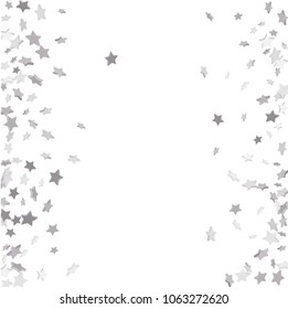 Silver volumetric star-confetti fall on a white background.  Falling starry background. Bright design pattern. Suitable for your design, cards, invitations, gift, vip.