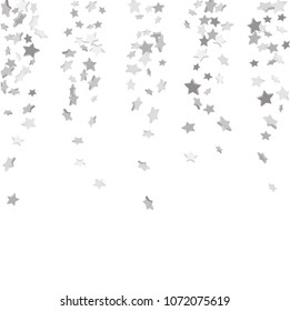 Silver volumetric star-confetti fall on a white background. Falling stars on a white background. Bright design pattern. Suitable for your design, cards, invitations, gift, vip.