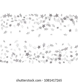 Silver volumetric star-confetti fall on a white background.  Illustration of flying shiny stars. Decorative element. Bright design pattern. Suitable for your design, cards, invitations, gift, vip.