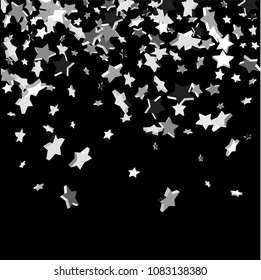 Silver volumetric star-confetti fall on a black background. Falling stars on a white background. Bright design pattern. Suitable for your design, cards, invitations, gift, vip.
