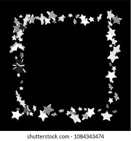 Silver volumetric star-confetti fall on a black background. Falling stars on a white background. Bright design pattern. Suitable for your design, cards, invitations, gift, vip.