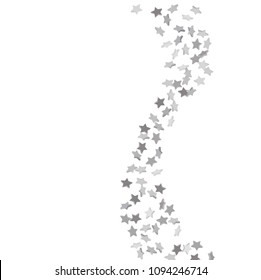 Silver volumetric star-confetti fall on a white background.  Illustration of flying shiny stars. Decorative element. Bright design pattern. Suitable for your design, cards, invitations, gift, vip.