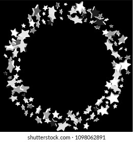 Silver volumetric star-confetti fall on a black background.  Illustration of flying shiny stars. Decorative element. Bright design pattern. Suitable for your design, cards, invitations, gift, vip.