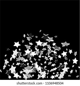 Silver volumetric star-confetti fall on a black background.  Falling starry background. Bright design pattern. Suitable for your design, cards, invitations, gift, vip.