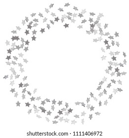 Silver volumetric star-confetti fall on a white background.  Illustration of flying shiny stars. Decorative element. Bright design pattern. Suitable for your design, cards, invitations, gift, vip.
