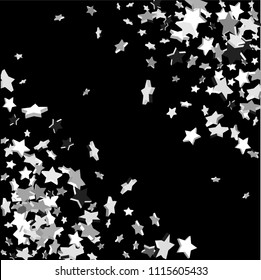 Silver volumetric star-confetti fall on a black background.  Falling starry background. Bright design pattern. Suitable for your design, cards, invitations, gift, vip.