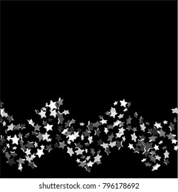 Silver volumetric star-confetti fall on a black background.  Falling starry background. Bright design pattern. Suitable for your design, cards, invitations, gift, vip.