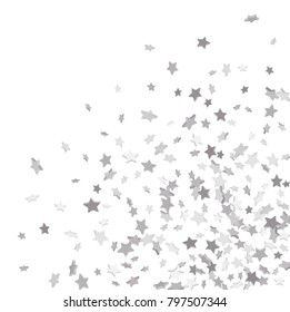 Silver volumetric star-confetti fall on a white background. Falling stars on a white background. Bright design pattern. Suitable for your design, cards, invitations, gift, vip.