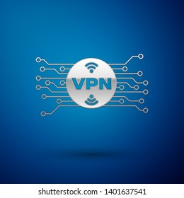 Silver VPN in circle with microchip circuit icon isolated on blue background. Vector Illustration
