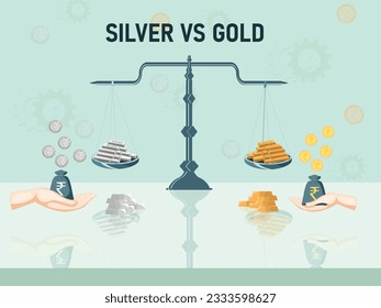 Silver vs Gold Investment Illustration with Icons of Balance, Silver Biscuits, Gold Biscuits, Silver Coins, Gold Coins, Indian Rupee Money Bag - Financial Concept 