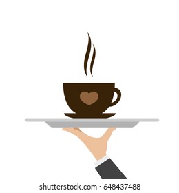 Silver waiter tray with a cup of coffee on it. Vector illustration.