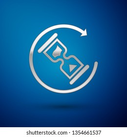 Silver Waiting icon isolated on blue background. Wait time icon. Hourglass clock. Vector Illustration