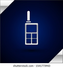 Silver Walkie talkie icon isolated on dark blue background. Portable radio transmitter icon. Radio transceiver sign.  Vector Illustration