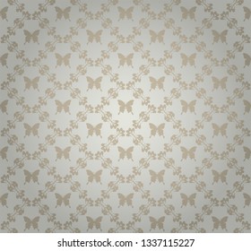 Silver wallpaper with butterflies. Old-fashioned style. Vector image