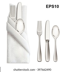 Silver Ware Or Flatware Set Of Fork, Spoon And Knife On Napkin. Illustration