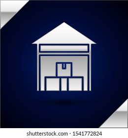 Silver Warehouse icon isolated on dark blue background.  Vector Illustration