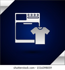 Silver Washer and t-shirt icon isolated on dark blue background. Washing machine icon. Clothes washer - laundry machine. Home appliance symbol.  Vector Illustration
