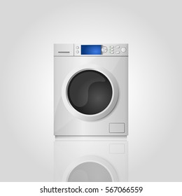 Silver washing machine banner in realistic style isolated on gray background. Front view, close-up. 3d realistic vector illustration