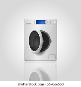 Silver washing machine with open door banner in realistic style, isolated on gray background. Front view, close-up. 3d realistic vector illustration