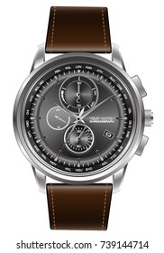 Silver watch chronograph brown leather strap on white background vector illustration.
