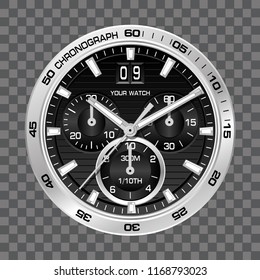 Silver Watch Clock Chronograph Face Luxury On Grey Checkered Background Vector Illustration.