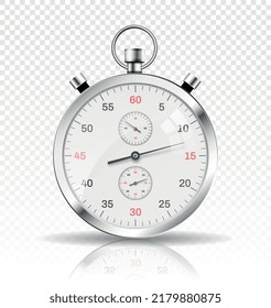 Silver watch on copy space. Timer or stopwatch on transparent background. Stylish accessory with modern design, device for counting time. For banner or website. Realistic 3D vector illustration