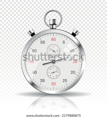 Silver watch on copy space. Timer or stopwatch on transparent background. Stylish accessory with modern design, device for counting time. For banner or website. Realistic 3D vector illustration