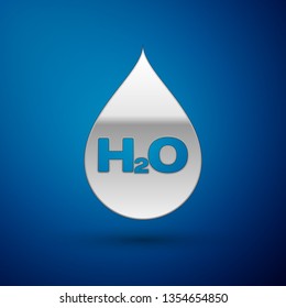 Silver Water drop with H2O icon isolated on blue background. Water formula. Vector Illustration