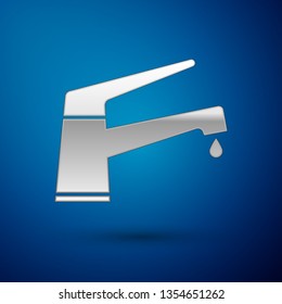 Silver Water tap with a falling water drop icon isolated on blue background. Vector Illustration