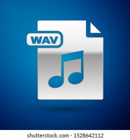 Silver WAV file document. Download wav button icon isolated on blue background. WAV waveform audio file format for digital audio riff files.  Vector Illustration