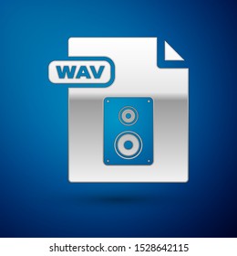 Silver WAV file document. Download wav button icon isolated on blue background. WAV waveform audio file format for digital audio riff files.  Vector Illustration