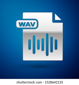 Silver WAV file document. Download wav button icon isolated on blue background. WAV waveform audio file format for digital audio riff files.  Vector Illustration