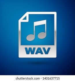 Silver WAV file document icon. Download wav button icon isolated on blue background. WAV waveform audio file format for digital audio riff files. Vector Illustration