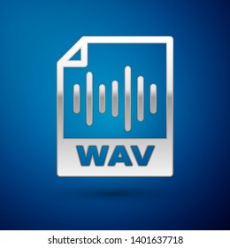 Silver WAV file document icon. Download wav button icon isolated on blue background. WAV waveform audio file format for digital audio riff files. Vector Illustration