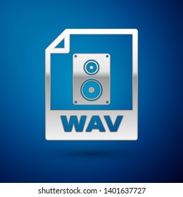 Silver WAV file document icon. Download wav button icon isolated on blue background. WAV waveform audio file format for digital audio riff files. Vector Illustration