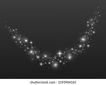 Silver wave flow glittering on transparent background. Magic light trail twinkle with flare stars.