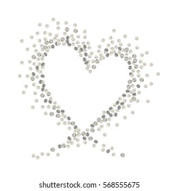 Silver wave in the shape of heart made of tiny uneven round dots on white background. Design element for festive banner, card, invitation, label, postcard, vignette. Vector illustration.

