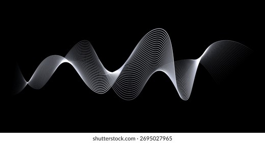 Fundo de ondas de prata. Linhas de onda branca com efeito de luz brilhante no plano de fundo preto. Listras abstratas curvas formando movimento fluido e movimento elegante. Design vetorial moderno dinâmico.