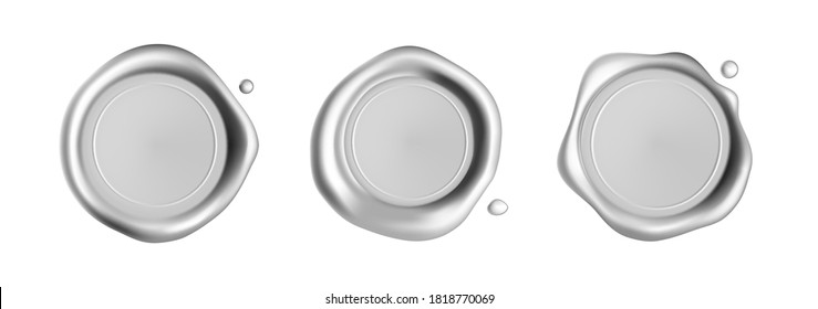 Silver wax seal stamp set isolated on white background. Realistic guaranteed stamps. Realistic 3d vector illustration