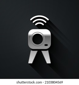 Silver Web camera icon isolated on black background. Chat camera. Webcam icon. Long shadow style. Vector