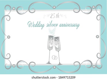 Silver wedding anniversary card. Isolated illustration. Two glasses of champagne, rings. A glass for the bride with a painted swan in a veil. Glass for the groom with a swan in a hat