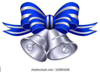 Silver Wedding Bells with Blue and Silver Ribbon