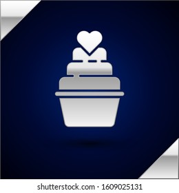 Silver Wedding cake with heart icon isolated on dark blue background.  Vector Illustration