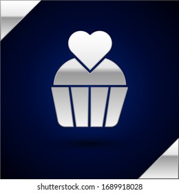 Silver Wedding cake with heart icon isolated on dark blue background. Valentines day symbol.  Vector Illustration