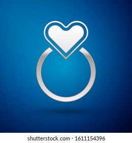 Silver Wedding rings icon isolated on blue background. Bride and groom jewelry sign. Marriage symbol. Diamond ring.  Vector Illustration